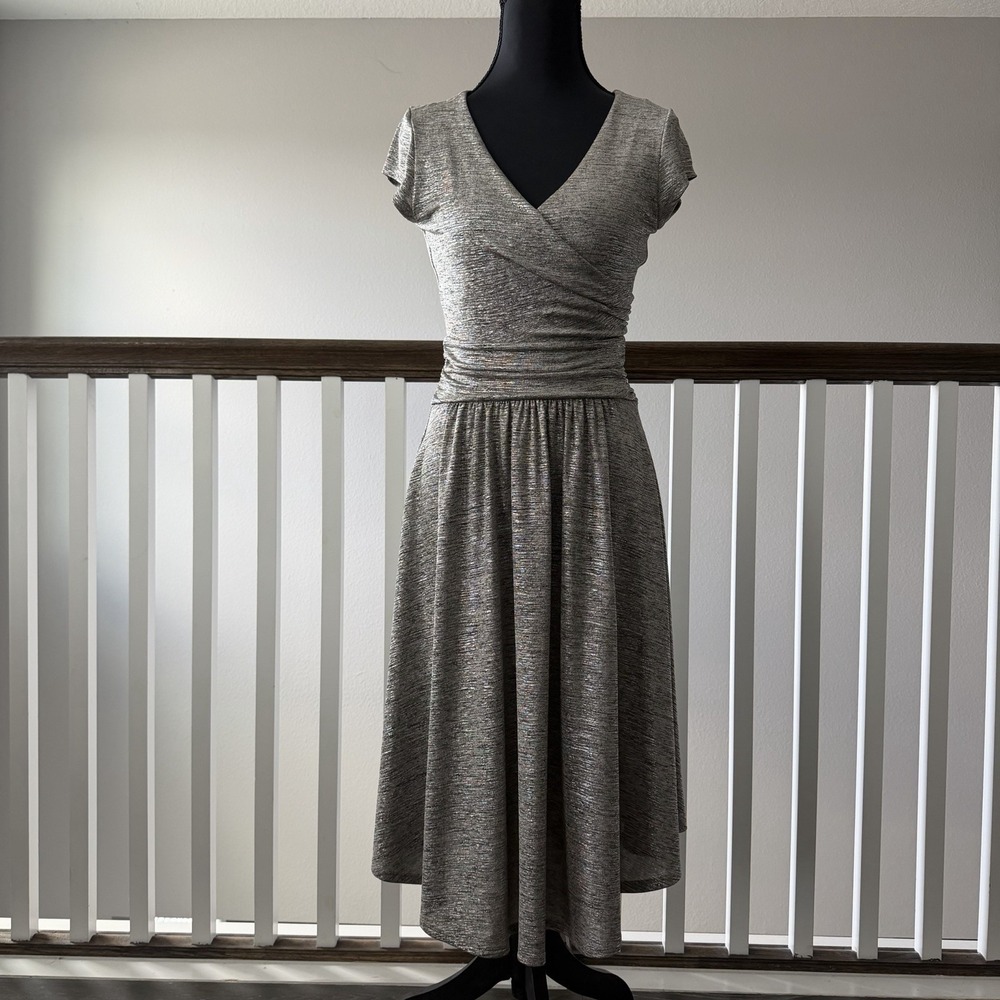 Anthropologie Maeve Tamera Surplice Metallic Dress Silver XS Glam Indie Sleeze